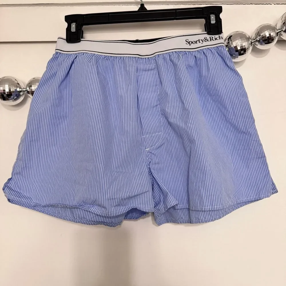 Sporty & Rich Serif Logo Boxer Shorts Light Blue Striped